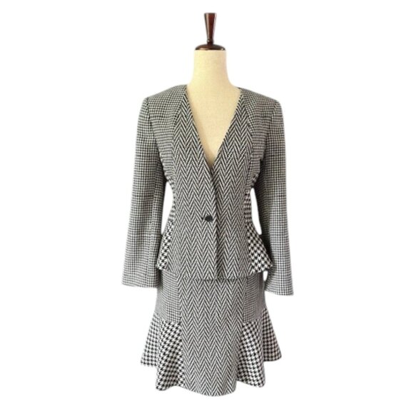 Ann Taylor Women's Black White Plaid Houndstooth Wool Blend Skirt Suit 12 NWT - Picture 4 of 16